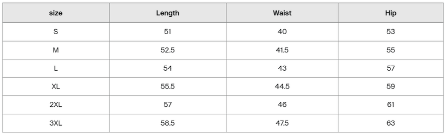 Size guide for Vamillion Cotton Shorts