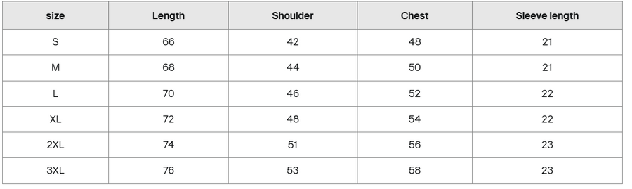 Size guide for Vamillion Simple Cotton T-Shirt